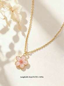 1pc Exquisite Fashionable Five-Petal Flower Pendant Summer Collarbone Necklace, Stainless Steel Necklace, Sweet & Cute Street Style Accessory, Perfect For Daily Wear - Cherry Blossoms - View 2