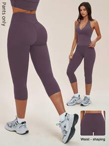 NcmRyu Women's 1pc Solid Color High Waist Tummy Control Butt Lifting Slim Fit Sports Mid-Length Shorts - Purple - View 11