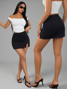 Women's Y2K Style Sexy High Slit Elastic Bodycon Mini Skirt - Charcoal Black - View 4