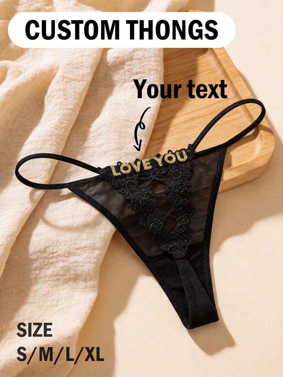 Custom Gold Pendant Name Thong Customizable Any Name Pendant Thong Custom Thong Bikini Couple Gift - Black - View 1