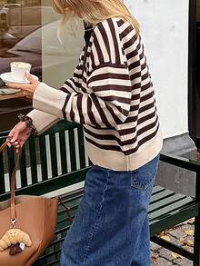 Women's Casual Striped Pullover Sweater, Autumn/Winter - Brown - View 6