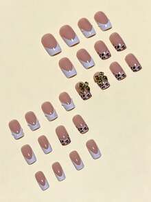 24pcs Rectangular French Leopard Print 3D Gold Butterfly Decor Sweet Cool Y2K Style Nail Art Sticker Set, Includes Jelly Glue And Nail File, Perfect For Women's Daily Wear, Afternoon Tea And Autumn/Winter Nail Art Nails - Multicolor - View 5