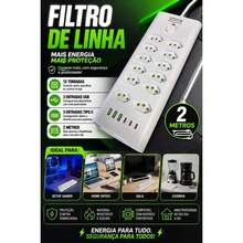 Régua, Extensão Elétrica, Filtro de linha 12 Tomadas 3 USB  3 Tipo C com Botão Liga e Desliga e entradas de 16/20A - Entrada do Brasil (127V) - Visão 1