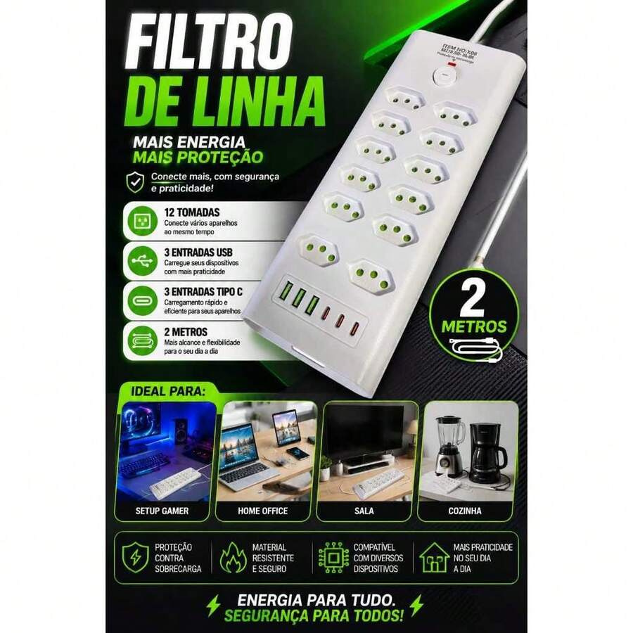 Régua, Extensão Elétrica, Filtro de linha 12 Tomadas 3 USB  3 Tipo C com Botão Liga e Desliga e entradas de 16/20A - Entrada do Brasil (127V) - Visão 1