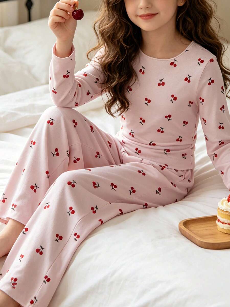 Sweet Girl Cherry Print Homewear Set, Fashionable And Elegant Round Neck Long Sleeve Casual Pants 2-Piece Set, Suitable For Spring, Autumn And Winter Daily Home Wear - Baby Pink - View 1