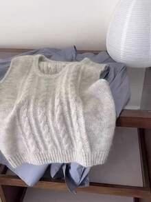 Rompi Rajut Kabel Leher Bulat Off-White untuk Wanita, Tank Top Tanpa Lengan Lembut Berbulu, Rompi Layering Serbaguna Potongan Longgar untuk Musim Semi dan Gugur - Light Grey - View 6