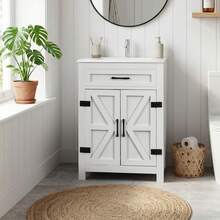 Washed White Particleboard With Melamine Veneer, Barn Double Door With U-Shaped Internal Shelves, Washbasin Cabinet, 61*47*85cm (24 Inches) - White - View 12