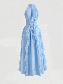 Women's Solid Color A-Line Patchwork Ruffle Hem Sexy Elegant Elegant Fashion Holiday Dress Summer - Blue - View 5