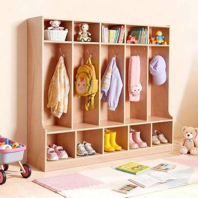Armario de Abrigos para Niños 5 Secciones, Organizador de Madera con 10 Ganchos, Armario con 10 Cubículos de Almacenamiento para Hogar, Guardería, Escuela, Preescolar, 136,9 x 33 x 120,9 cm
