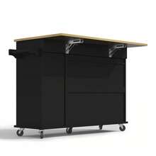 Flieks Kitchen Island With Drop Leaf, Storage Trolley With 3-Tier Pull-Out Cabinet Organizer, Internal Storage Rack, Rolling Cart With Towel Holder & 2 Drawers For Dining Room - Black - View 11