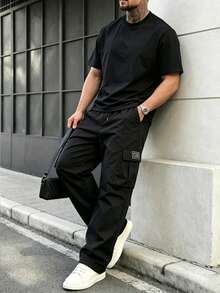 Men's Fashion Solid Color Crew Neck Short Sleeve T-Shirt + Patch Pocket Cargo Pants 2-Piece Set, Elastic Drawstring Casual Outfit - Black - View 4