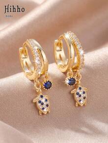 Hihho 1 Pair Ocean Vacation Style Charming Fashion Sea Turtle Earrings, Royal Blue Zirconia Accents, Versatile Women's Jewelry Ear Accessories Suitable For Daily Wear, Party, Travel, Holiday Decoration Gift (Zirconia Inlaid Color Random) - Turtle Earrings - View 3