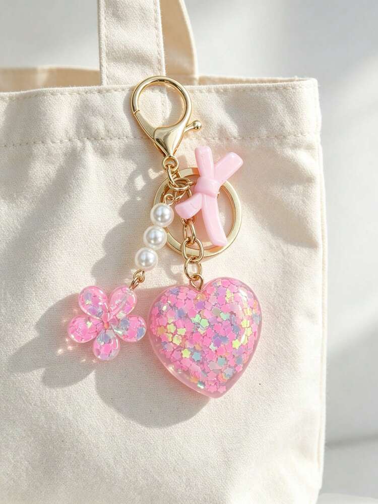1pc Cute Couple Heart Keychain, Women's Handbag Pendant, Pink