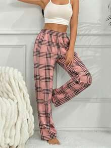 1pc Women's Plaid High Waist Elastic Waist Pants With Pockets, Loungewear Bottoms, Pajama Pants For Home And Outdoor Wear - Pink - View 4