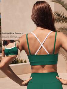 Set Bra Olahraga Wanita untuk Kebugaran, Bantalan yang Dapat Dilepas, Bagian Belakang Silang, 2 in 1, Trim Kontras, Bagian Dada Berkerut, Tali Bahu Tipis, Pakaian Olahraga Yoga dan Kebugaran - Hijau - View 2
