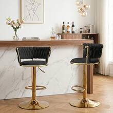 Bar Stools Set Of 2, 360° Swivel Velvet Counter Height Bar Chairs With Woven Backrest, Plush Upholstered Seats & Gold Metal Legs Furniture For Kitchen Island Dining Room Home Bar, Black - Black Set Of 2 - View 2