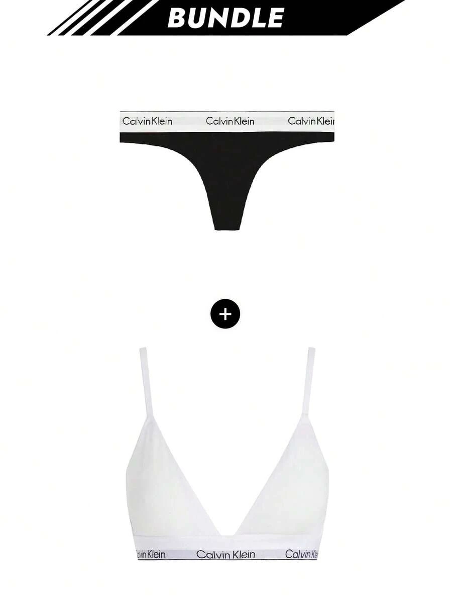 Calvin Klein [Bundle] brave soul Women's Thong + Icon Logo Women's Triangle Bra - Bianco e nero - Visualizzare 1