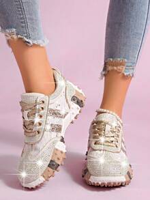 Women's Ivory Lace-Up Chunky Sneakers With Rhinestone Floral Lace Panels, Glitter Laces, Round Toe And Sculpted Contrast Sole - Gold - View 4