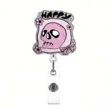 1 pièce/3 pièces/4 pièces Enrouleur de badge rétractable avec clip, motif crâne Halloween pailleté en acrylique noir et rose, convient aux professionnels de santé - Multicolore - Voir 10