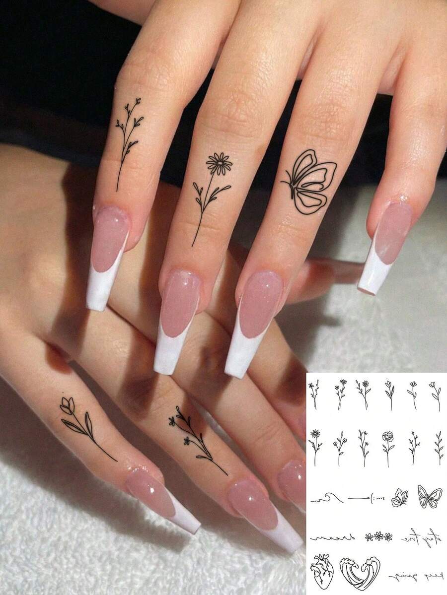 1 Lembar Stiker Tato Sementara Mini Garis Halus Motif Bunga Daisy dan Kupu-kupu, Tato Palsu Botanis Halus Tahan Air dan Tahan Lama, Stiker Seni Tubuh untuk Pergelangan Tangan, Tulang Selangka, Pergelangan Kaki, dan Telapak Tangan - Hitam - View 1