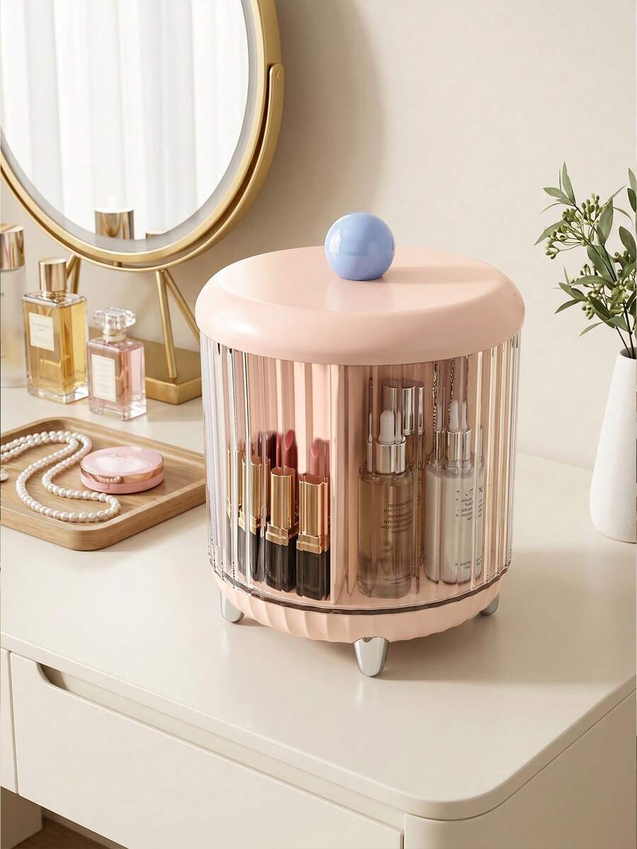 奶油風 360°旋轉化妝收納盒,可拆卸隔層附蓋,化妝刷架、口紅與保養品桌面收納盒,梳妝台多功能筆筒 - 彩色 - 查看 1