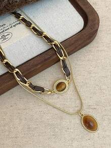 2pcs Vintage Malachite Heart & Tiger Eye Tassel Necklace, Minimalist Sweater Chain Jewelry For Women - Multicolor - View 4