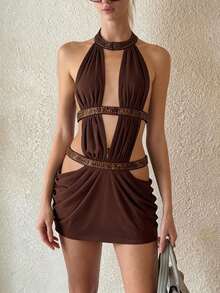 Top Dazzle Women's Glamorous Knit Halter Neck Mini Dress, Hollow Back Design, Creating Fashionable Look - Brown - View 3