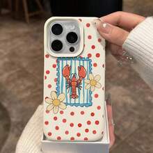 1pc TPU Material Retro Red Polka Dot Lobster & Daisy Pattern Phone Case Compatible With IPhone 17 Pro Max/17/16 Pro Max/15/13/12/11/ S20 FE/A15/S24/A55/ Note 11/Note 12/Note 13 Pro Full Coverage Anti-Drop Soft Shell Protective Cover - White - View 4