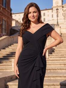 EVERPRETTY Women's Plus Size Elegant V-Neck Sleeveless Pleated Ruffle Asymmetrical Hem Midi Formal Dress, Suitable For Party, Evening Gala, Wedding Guest - Black - View 3