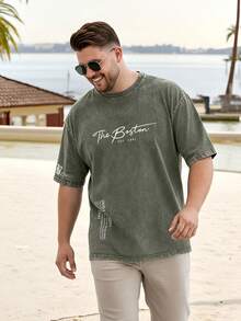 Plus Size Tall Men's Multi-Text Print Stone Washed Casual Crew Neck T-Shirt - Green - View 4
