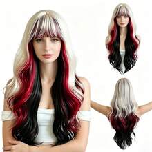 Color Blocking And Dyeing Air Bangs, Big Waves, Long Curly Hair, Party Wig, Color Blocking Design, Suitable For Halloween, Carnival, Masquerade Ball, Christmas Themed Parties To Wear - White, Red, and Black Highlights - View 1