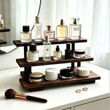 1pc Vintage Wooden Desktop Perfume & Cosmetic Storage Rack, Solid Wood Multi-Layer Display Stand, Vanity Table Organizer For Perfume, Skincare, Lipstick, Jewelry, Entryway Storage, Multi-Functional Organizer,Bedroom Room Decor,Back To School - Coffee Brown - View 2