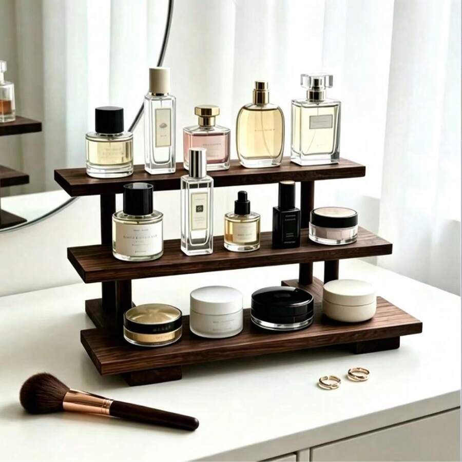 1pc Vintage Wooden Desktop Perfume & Cosmetic Storage Rack, Solid Wood Multi-Layer Display Stand, Vanity Table Organizer For Perfume, Skincare, Lipstick, Jewelry, Entryway Storage, Multi-Functional Organizer,Bedroom Room Decor,Back To School