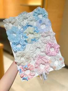 14/7pcs Women's Floral Print Lace Trim Scrunchies, Pink Hair Ties, Blue Hair Ties, Bow Ribbon Hair Ties, High Elasticity, Sweet And Cute Style, Suitable For Daily Hairstyles, Women's Hair Accessories. Perfect For Casual Wear, Shopping, Campus, Dating, Party, Travel And Vacation. Great For Photo Atmosphere. - Multicolor - View 8