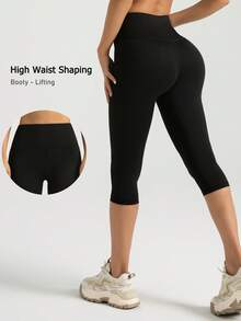 NcmRyu 1pc Women's Fashionable Elastic Capri Sports Pants - Black - View 8