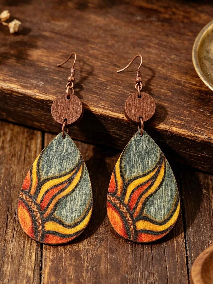 1 Pair Teardrop Shaped Vintage Painted Floral Wooden Niche Elegant Earrings - Multicolor - View 1