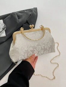 Dedoo 女款晚宴手拿包，柔軟弧形框架包，東方優雅手提包，適合婚禮、茶會、新娘場合（隨機花紋） - 銀色 - 查看 3