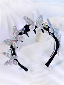 1pc Fashionable Iridescent Crystal Butterfly Headband, Sparkling Rhinestone Non-Slip 3D Hair Accessory For Women, Holiday Celebration - Black - View 6