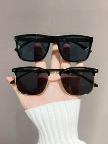 2件組中性復古長方形塑膠時尚太陽眼鏡，經典款裝飾性戶外旅行海灘度假休閒日常佩戴防曬開車UV防護眼鏡 - 黑色 - 查看 1