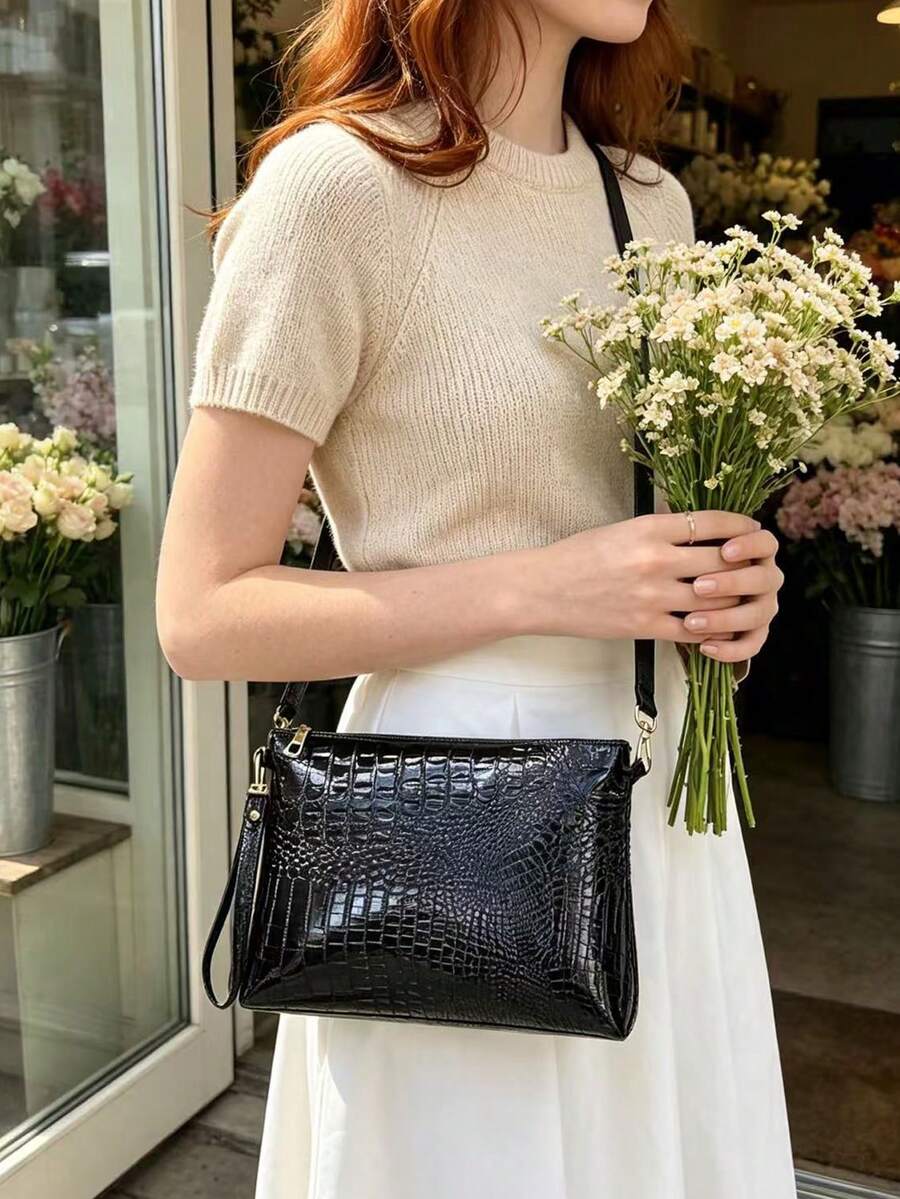 女款時尚鱷魚壓紋極簡主義單肩包,手機包,適合約會之夜、年輕女孩、情侶約會、商務晚餐及其他場合 - 黑色 - 查看 1
