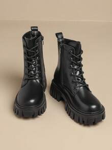 Botas Militares Mujer Plataforma Piel Sintética Negras, Botas Cortas con Cordones y Cremallera Lateral, Suela Gruesa Antideslizante, Estilo Urbano Ideal para Otoño e Invierno - negro puro - Ver 2