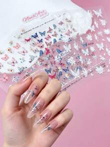2 Peças Adesivos de Unhas com Relevo 5D, Unhas, Decoração DIY, com Lírios, Borboletas Rosas, Borboletas Brancas, Flores de Lótus e Padrões de Borboletas Coloridas, Adequado para Criar Arte de Unhas Estilo Floresta de Primavera e Verão e Estilo Francês Delicado - Multicolorido - Visão 3