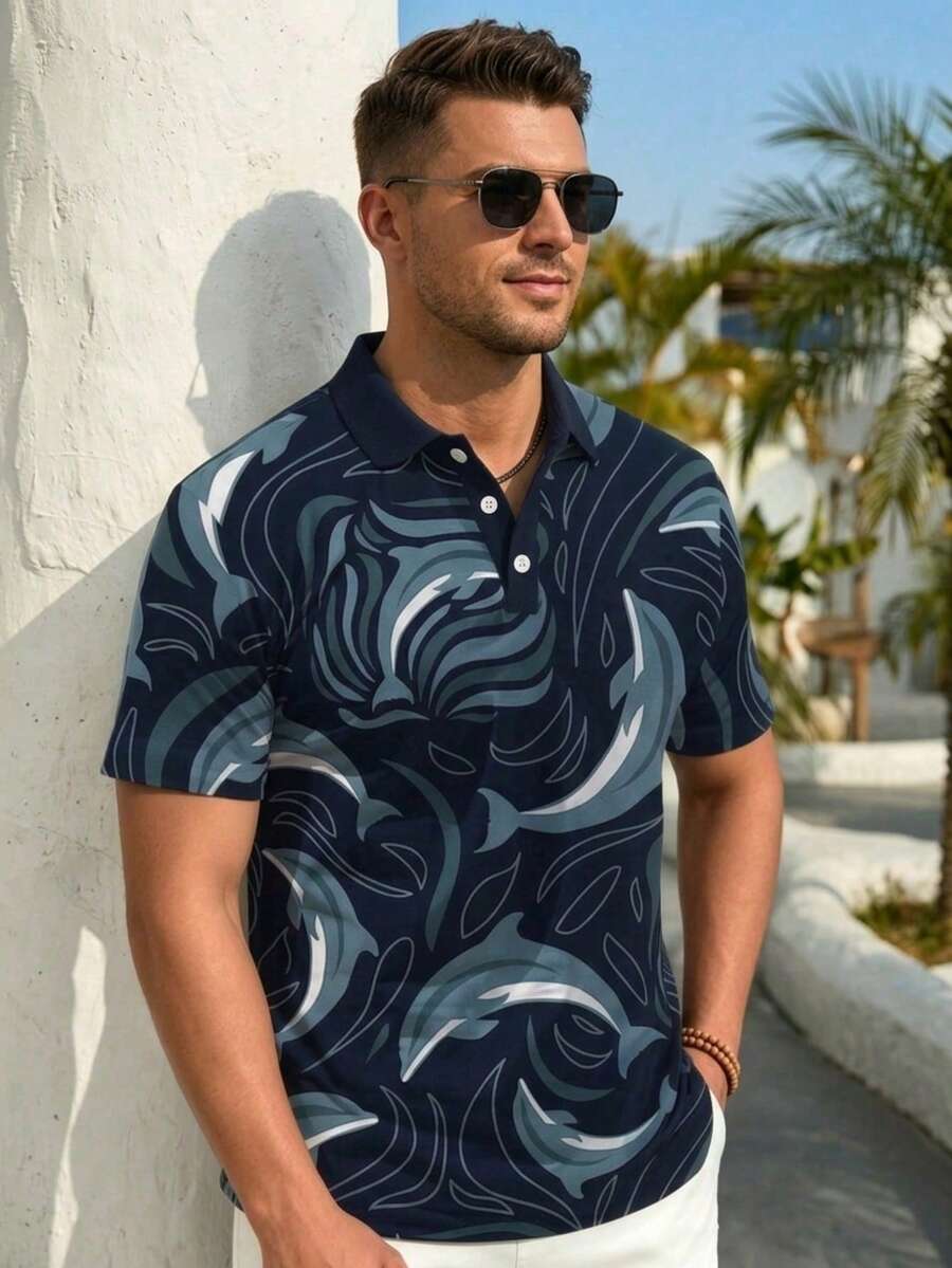Men's Casual Everyday Dolphin Print Short Sleeve Polo Shirt, Summer - Multicolor - View 1