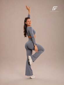 Plain Zero-Transparency Polyamide Flare Long Sleeve Fitness Gym Set - Grey - View 9