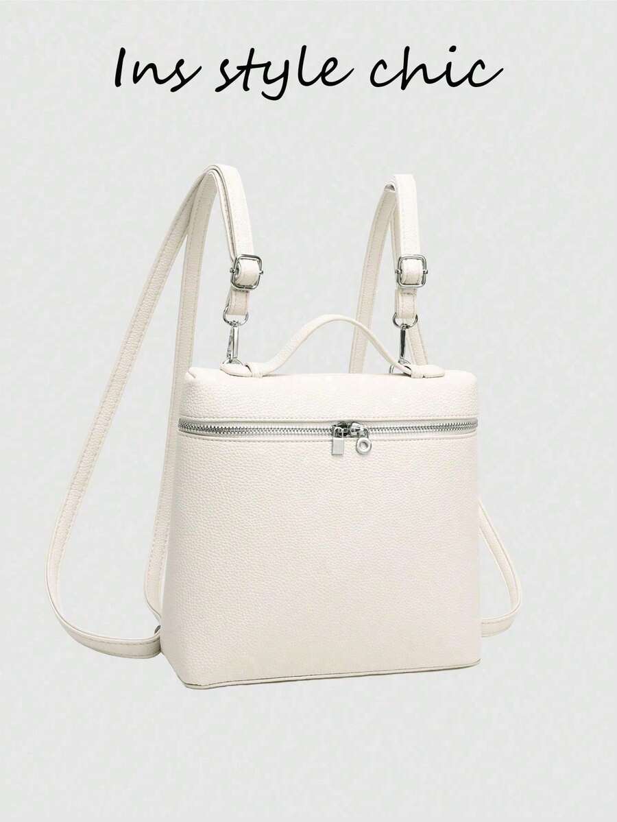 Minimalist Pure White Multifunctional Backpack, Smooth Top Handle Design, Metal Zipper, Large Capacity Lightweight Crossbody Bag, Suitable For Daily Outdoor Use - White - View 1