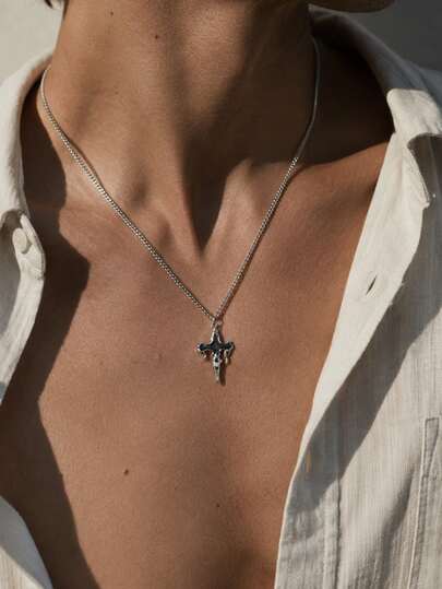 1pc Black Drip Oil Cross Necklace, Silver Thin Chain, Dark Gothic Style Unisex Jewelry
