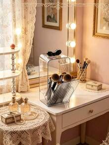 2pcs/1pc Clear Acrylic Makeup Organizer Set, Dustproof Bowknot Makeup Brush Holder & Lipstick Storage Box, Large Capacity Desktop Cosmetic Organizer For Vanity, Bathroom & Bedroom, Transparent Beauty Storage Solution - View 2