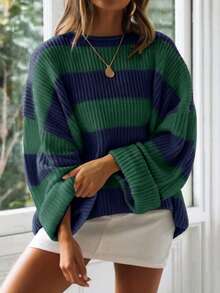 Women's Casual Colorblock Striped Pattern Drop Shoulder Loose Sweater - Blue and Green - View 6