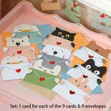 18pcs Set, (Includes 9 Designs Of Greeting Cards, 1pc Each And 9 Envelopes) Cute Cartoon Gift Cards, Foldable Envelope Greeting Cards, Holiday Blessing Cards, Cute Animal Postcards, Thank You Cards, Birthday Party Invitation Cards - A - View 11
