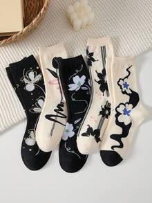 5 Pairs Elegant Ink Floral Pattern Women's Mid-Calf Socks, Non-Slip Comfortable, Suitable For All Seasons - View 6